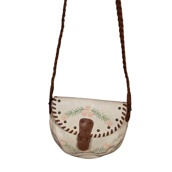 American Rag Pink Rose Vine Cream Boho Cottage Crossbody Bag Brown Braided Strap - Picture 2 of 16